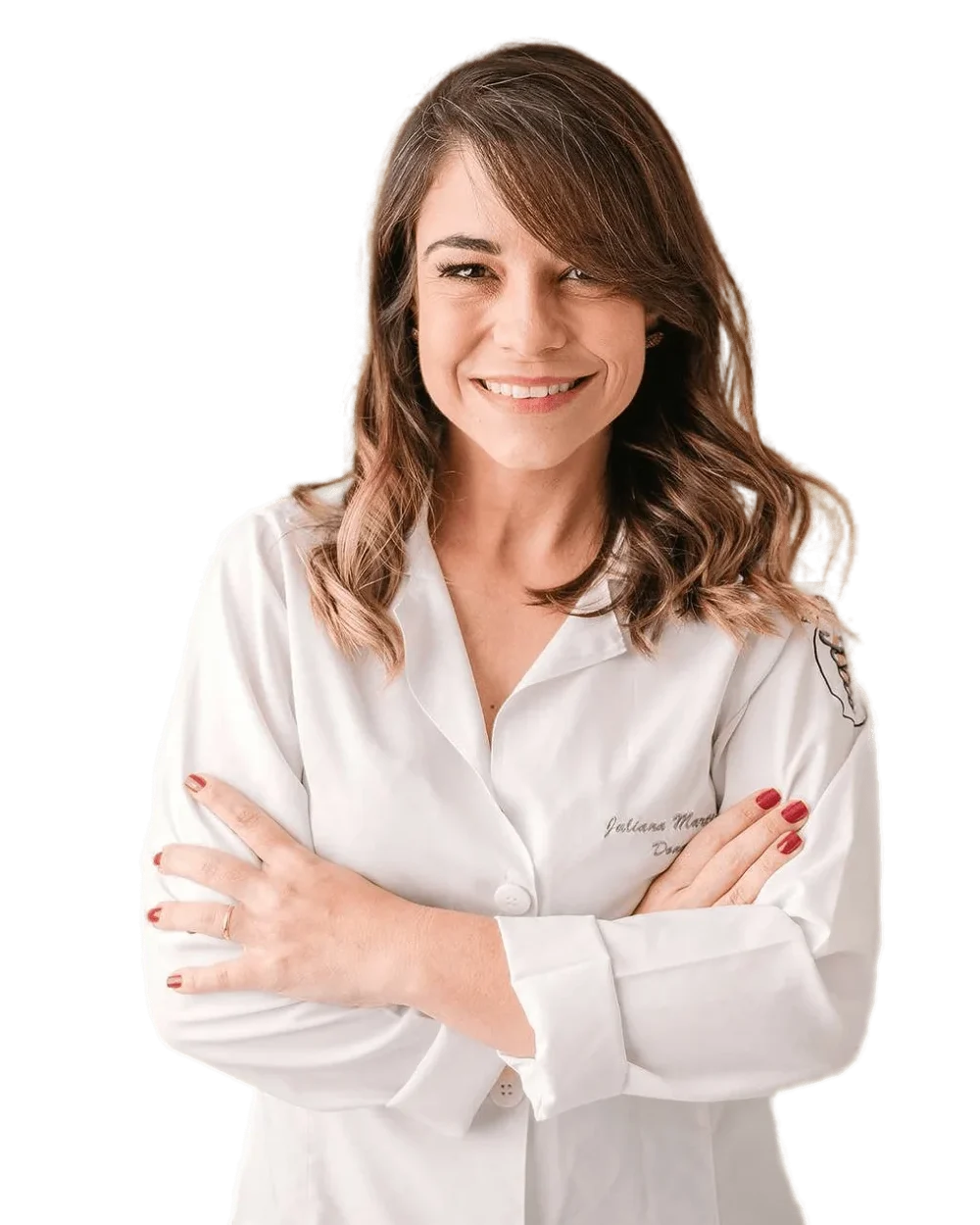 Juliana Donatoni, fisioterapeuta pélvica, sorridente e de jaleco branco